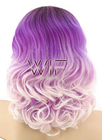 16" Medium Curly Two Tone Pink With Dark Brown Roots Lace Front Synthetic Hair Wig LF403