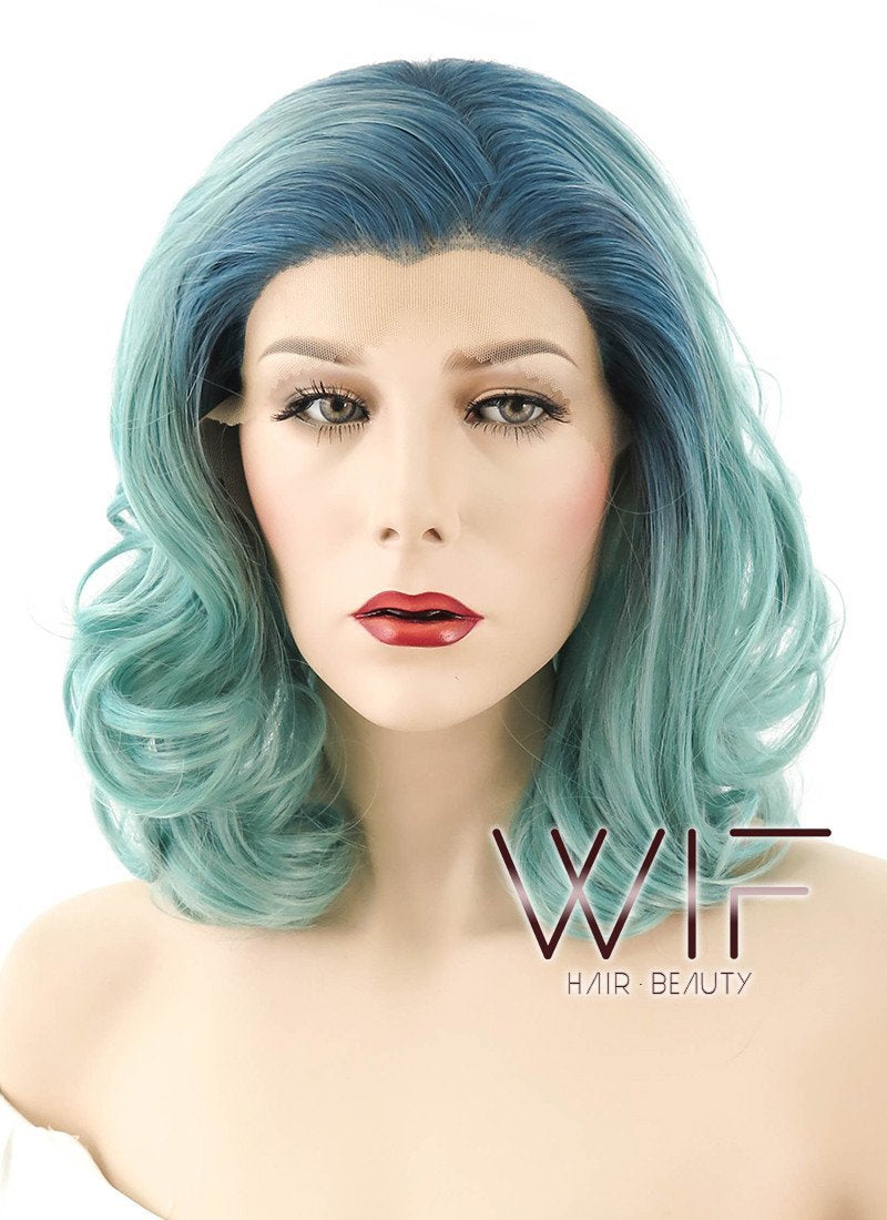16" Medium Curly Turquoise Blue Lace Front Synthetic Hair Wig LF404