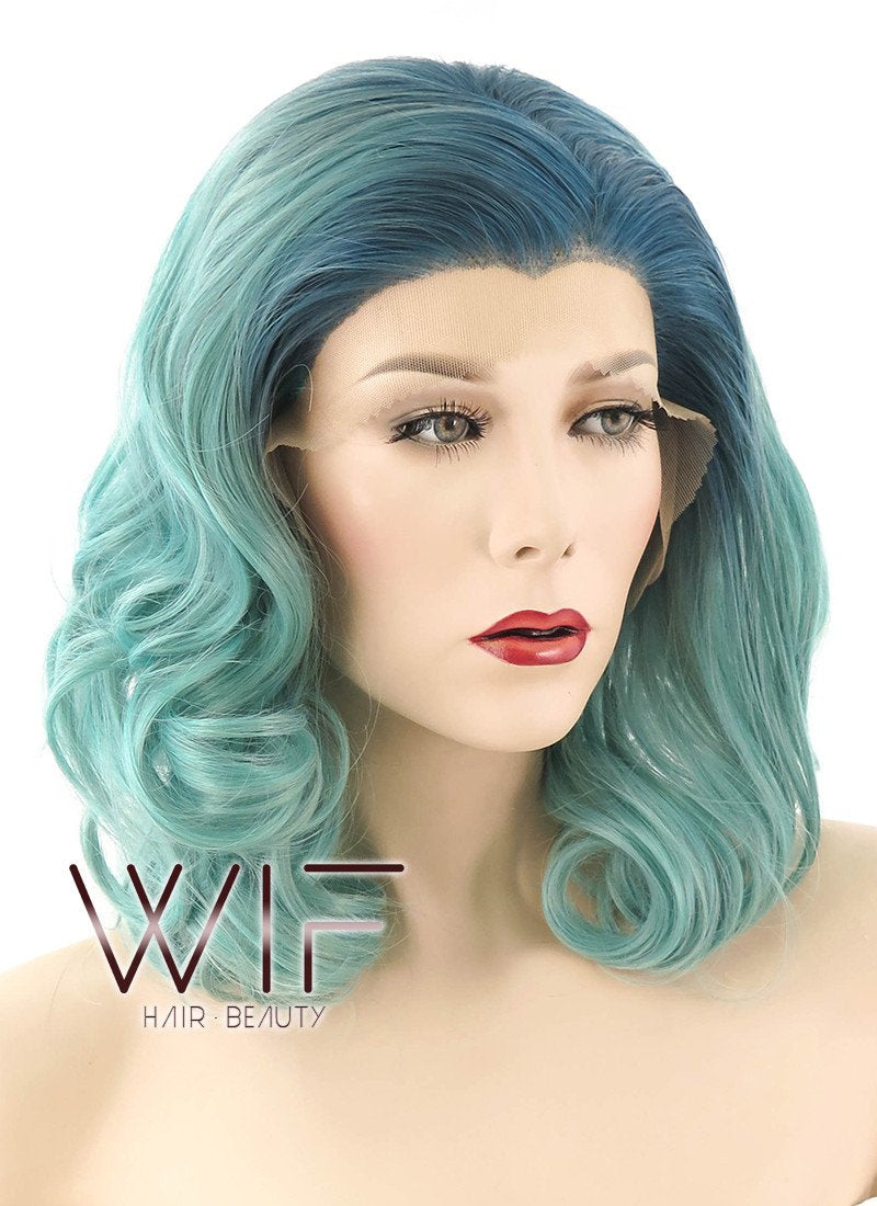 16" Medium Curly Turquoise Blue Lace Front Synthetic Hair Wig LF404