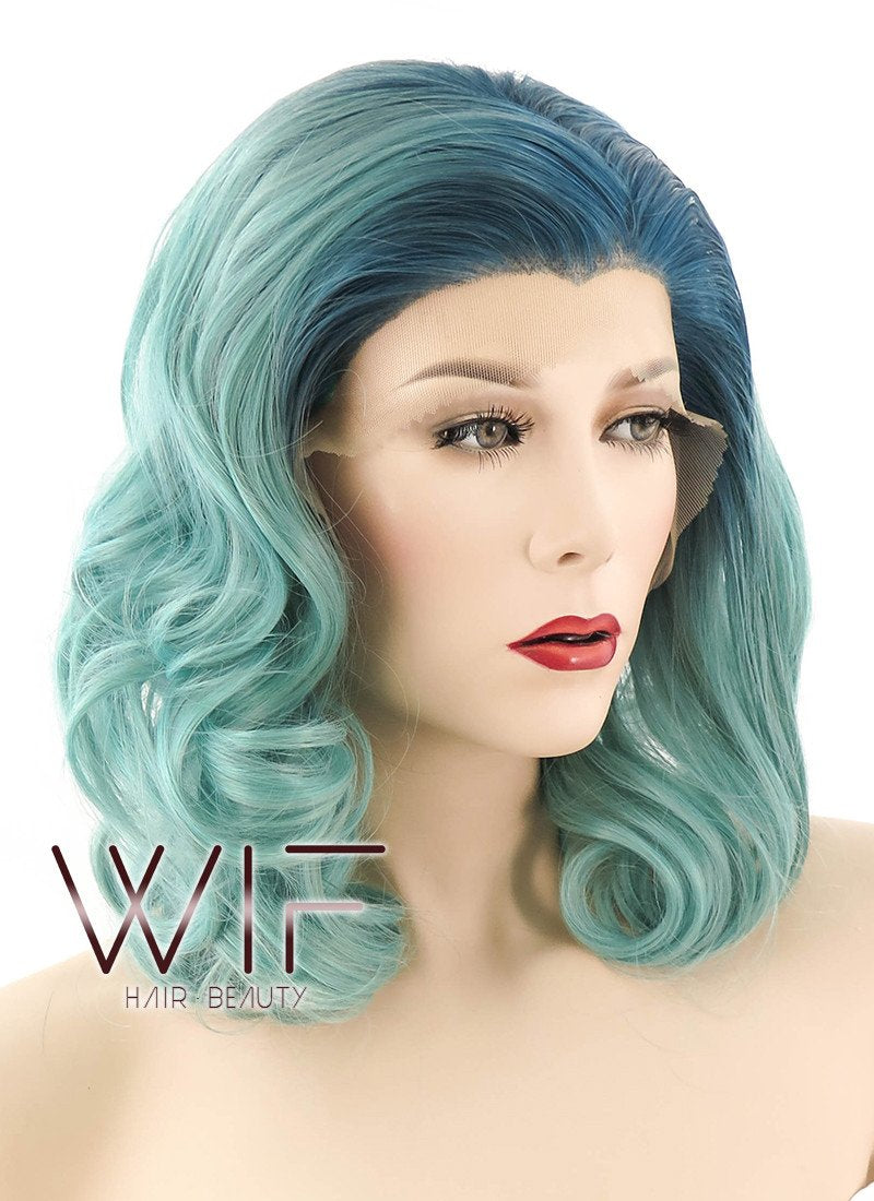 16" Medium Curly Turquoise Blue Lace Front Synthetic Hair Wig LF404