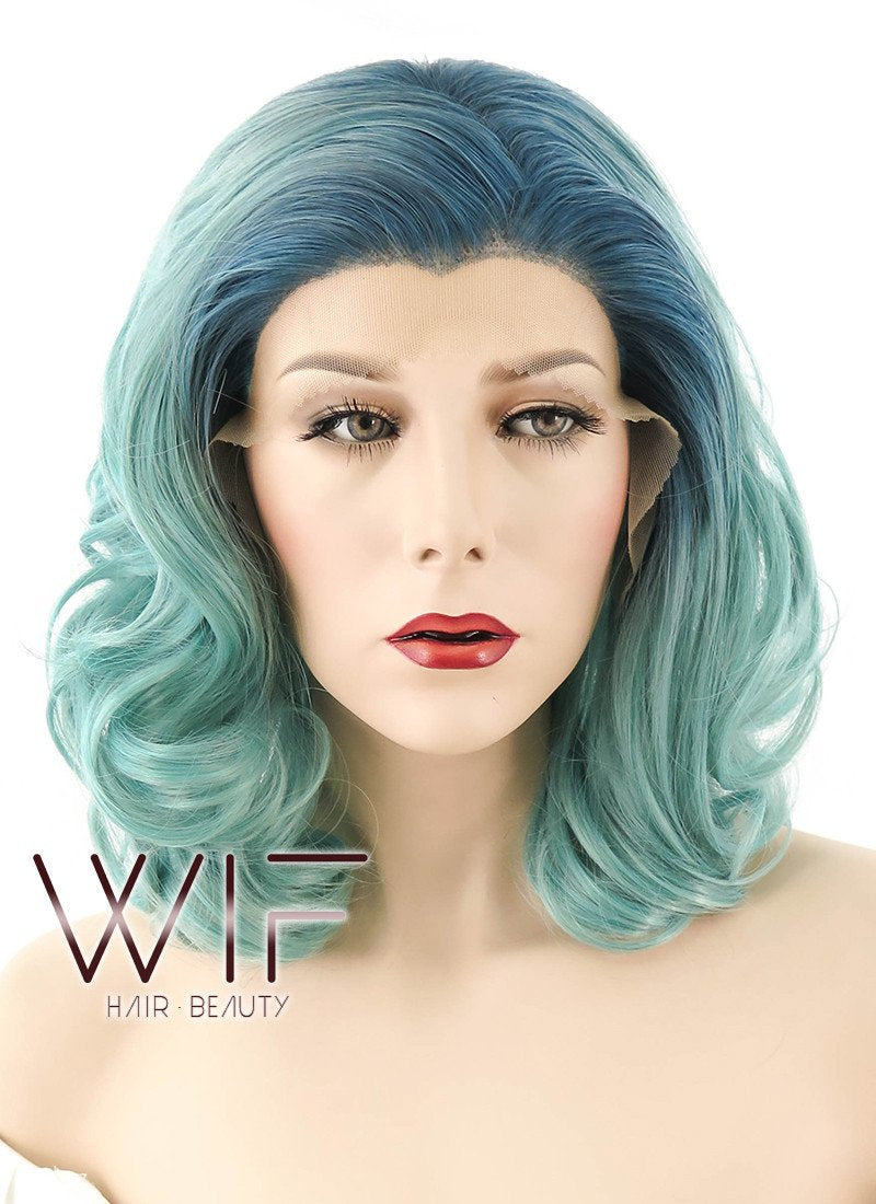 16" Medium Curly Turquoise Blue Lace Front Synthetic Hair Wig LF404