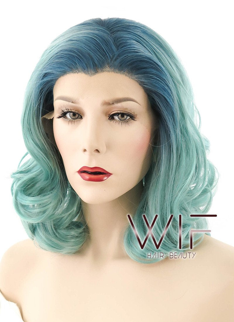 16" Medium Curly Turquoise Blue Lace Front Synthetic Hair Wig LF404