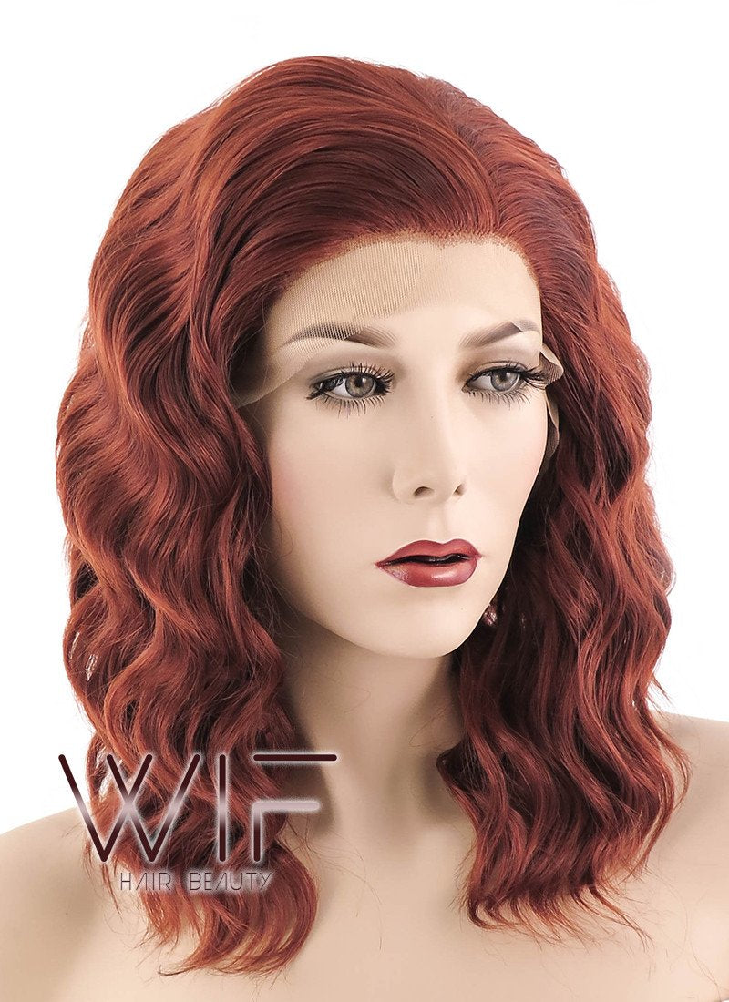 14" Medium Curly Reddish Brown Lace Front Synthetic Hair Wig LF409