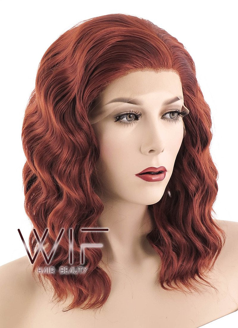 14" Medium Curly Reddish Brown Lace Front Synthetic Hair Wig LF409