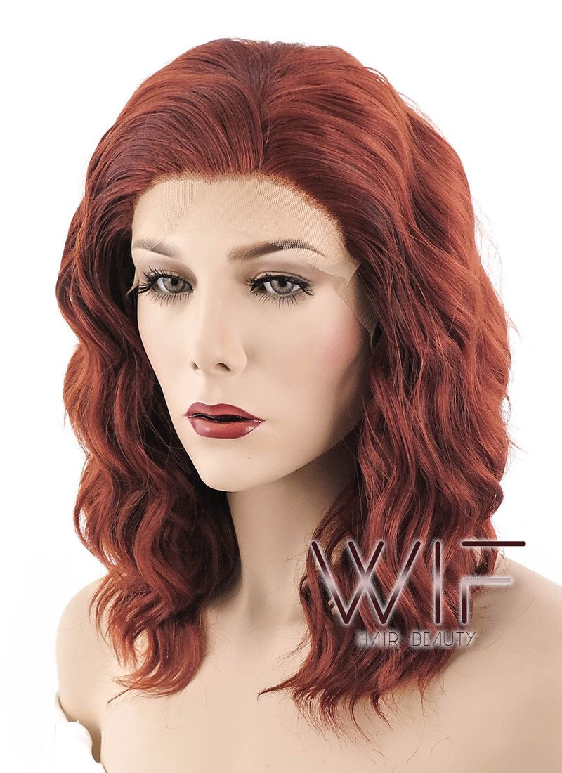 14" Medium Curly Reddish Brown Lace Front Synthetic Hair Wig LF409