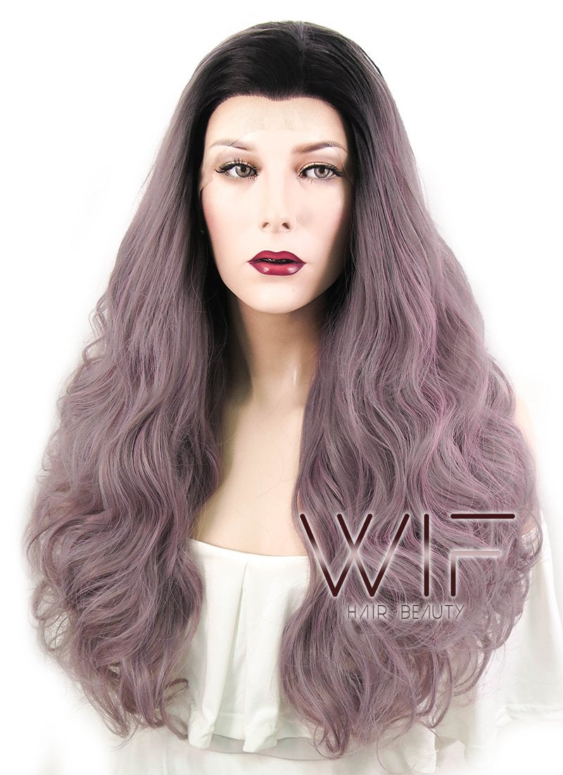 24" Wavy Greyish Purple With Dark Roots Lace Front Synthetic Wig LF411