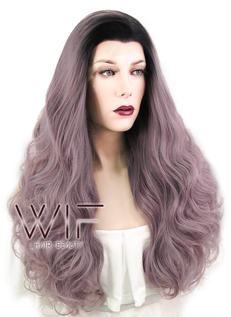 24" Wavy Greyish Purple With Dark Roots Lace Front Synthetic Wig LF411