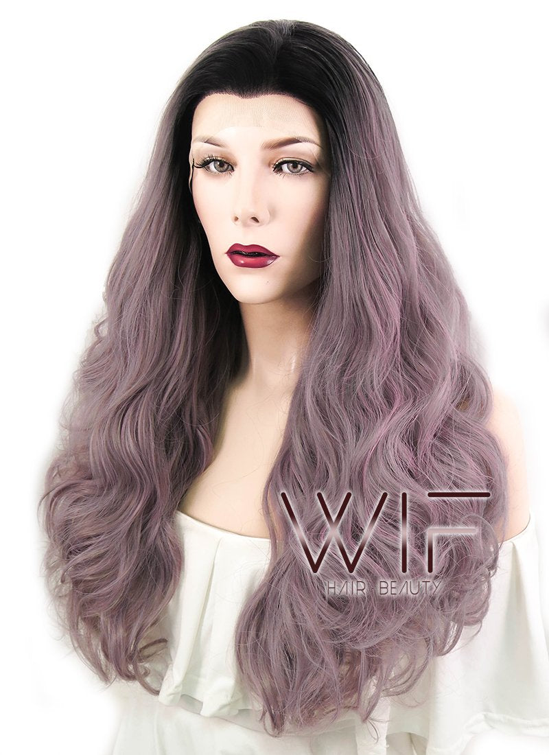 24" Wavy Greyish Purple With Dark Roots Lace Front Synthetic Wig LF411