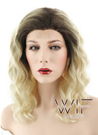 14" Medium Curly Light Blonde With Brown Roots Ombre Lace Front Synthetic Hair Wig LF412
