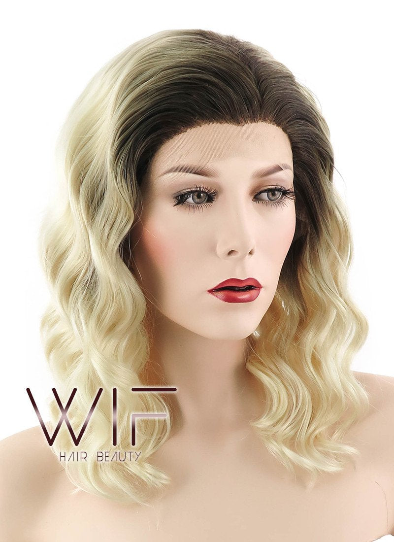14" Medium Curly Light Blonde With Brown Roots Ombre Lace Front Synthetic Hair Wig LF412