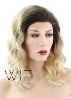 14" Medium Curly Light Blonde With Brown Roots Ombre Lace Front Synthetic Hair Wig LF412