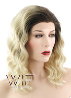 14" Medium Curly Light Blonde With Brown Roots Ombre Lace Front Synthetic Hair Wig LF412