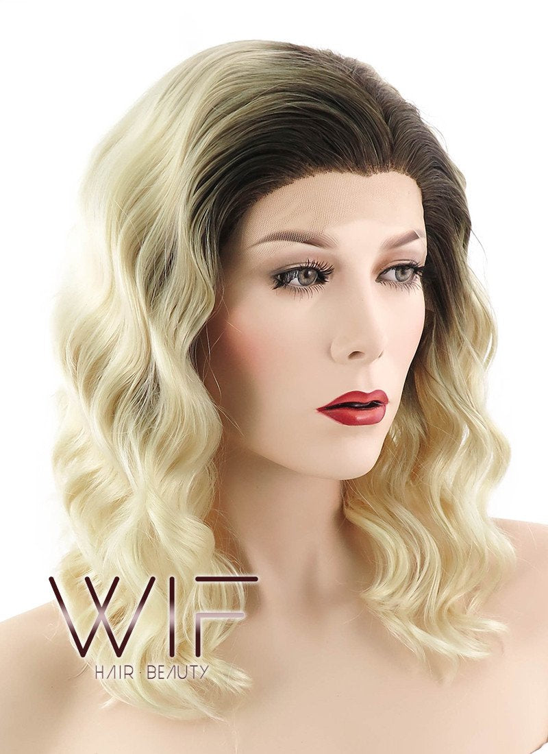 14" Medium Curly Light Blonde With Brown Roots Ombre Lace Front Synthetic Hair Wig LF412