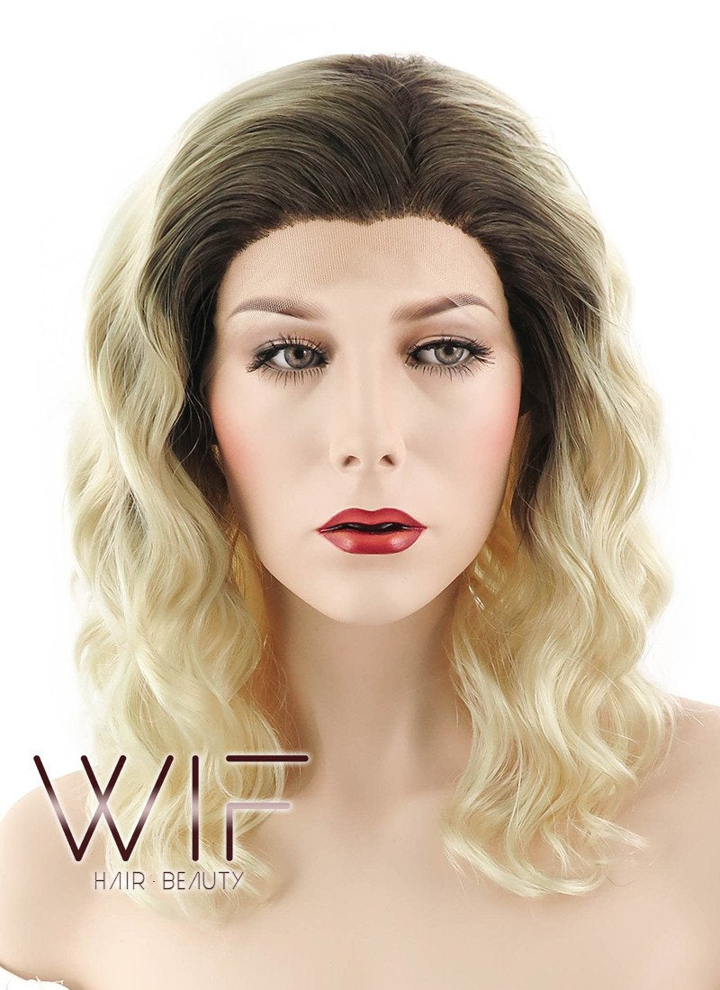 14" Medium Curly Light Blonde With Brown Roots Ombre Lace Front Synthetic Hair Wig LF412
