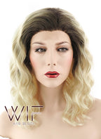 14" Medium Curly Light Blonde With Brown Roots Ombre Lace Front Synthetic Hair Wig LF412