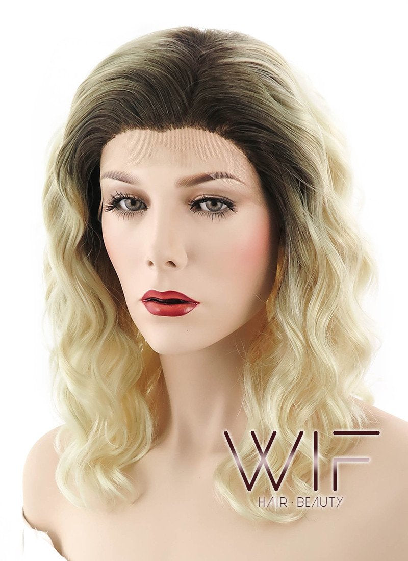 14" Medium Curly Light Blonde With Brown Roots Ombre Lace Front Synthetic Hair Wig LF412