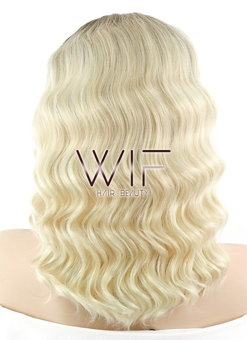 14" Medium Curly Light Blonde With Brown Roots Ombre Lace Front Synthetic Hair Wig LF412
