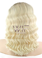 14" Medium Curly Light Blonde With Brown Roots Ombre Lace Front Synthetic Hair Wig LF412