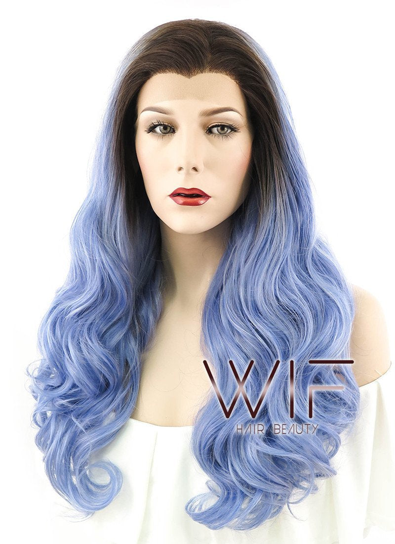 24" Wavy Mixed Blue With Dark Roots Lace Front Synthetic Wig LF413