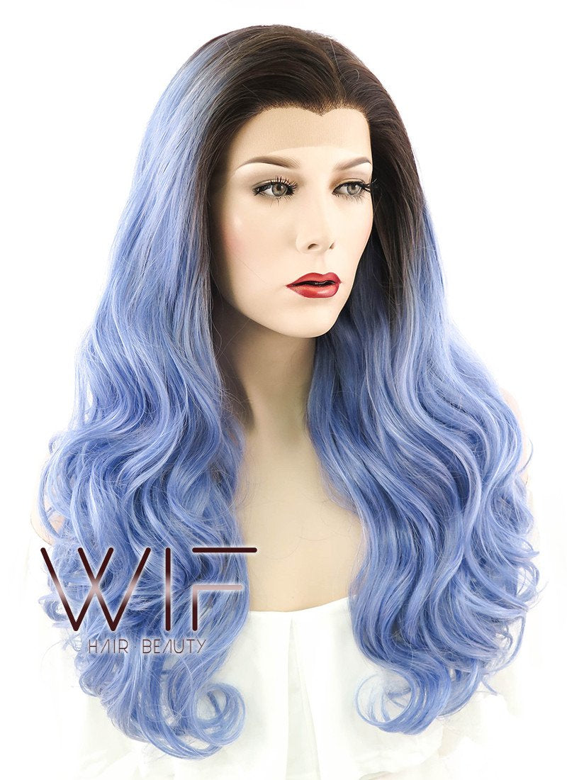 24" Long Curly Lake Blue Mixed Brown Lace Front Synthetic Hair Wig LF413