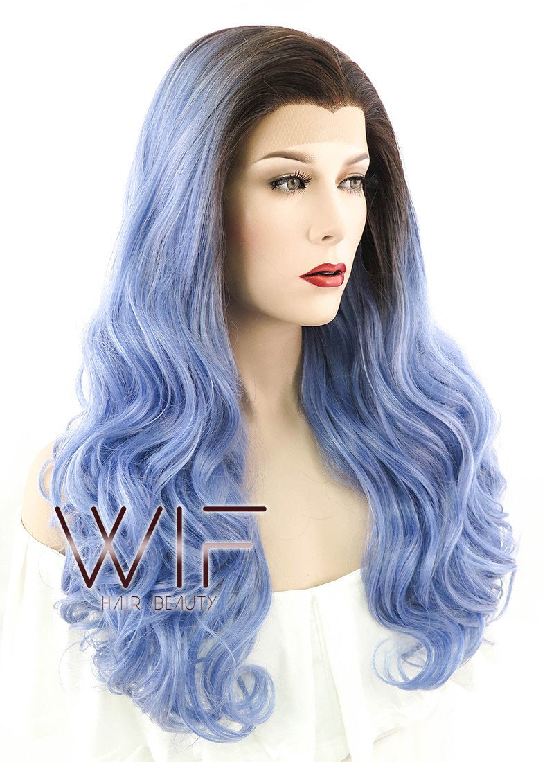24" Long Curly Lake Blue Mixed Brown Lace Front Synthetic Hair Wig LF413