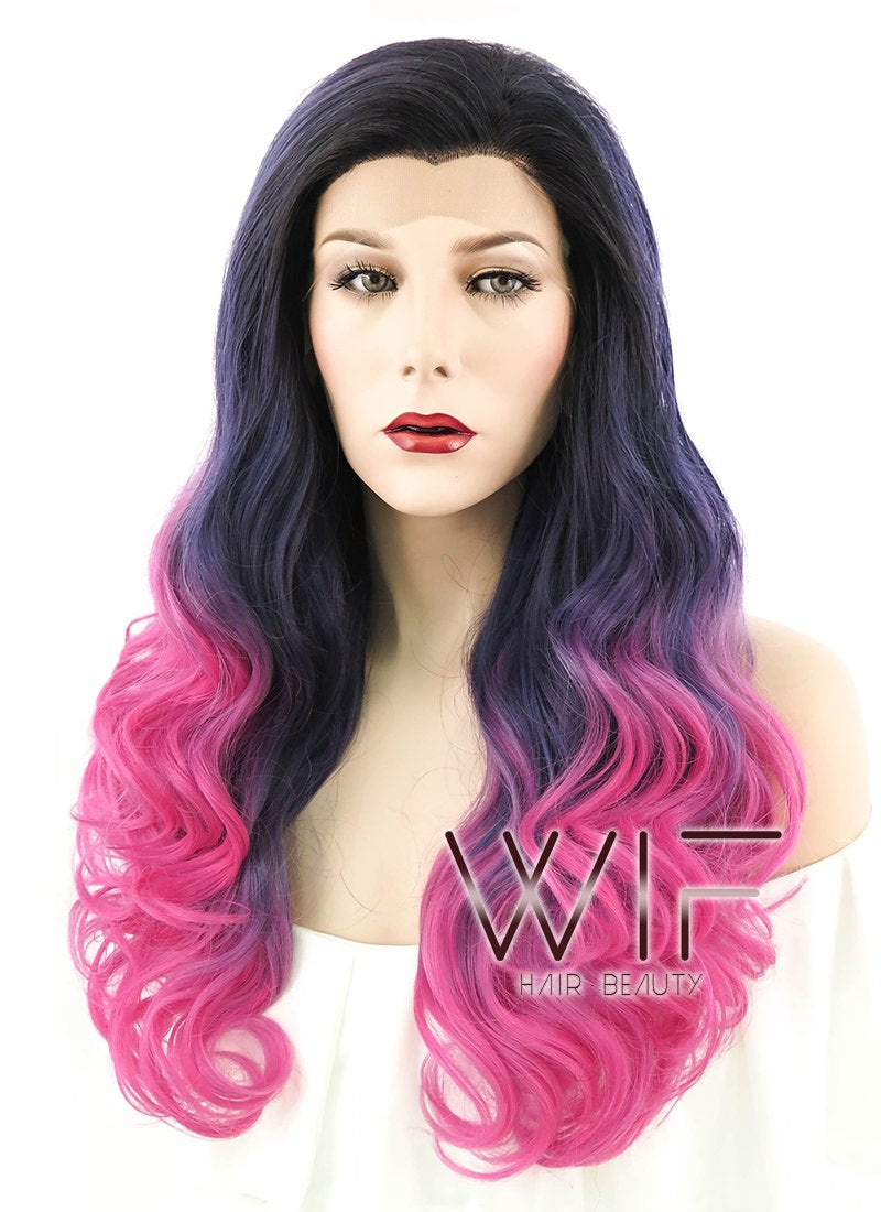 24" Wavy Purple Pink Ombre With Dark Roots Lace Front Synthetic Wig LF415