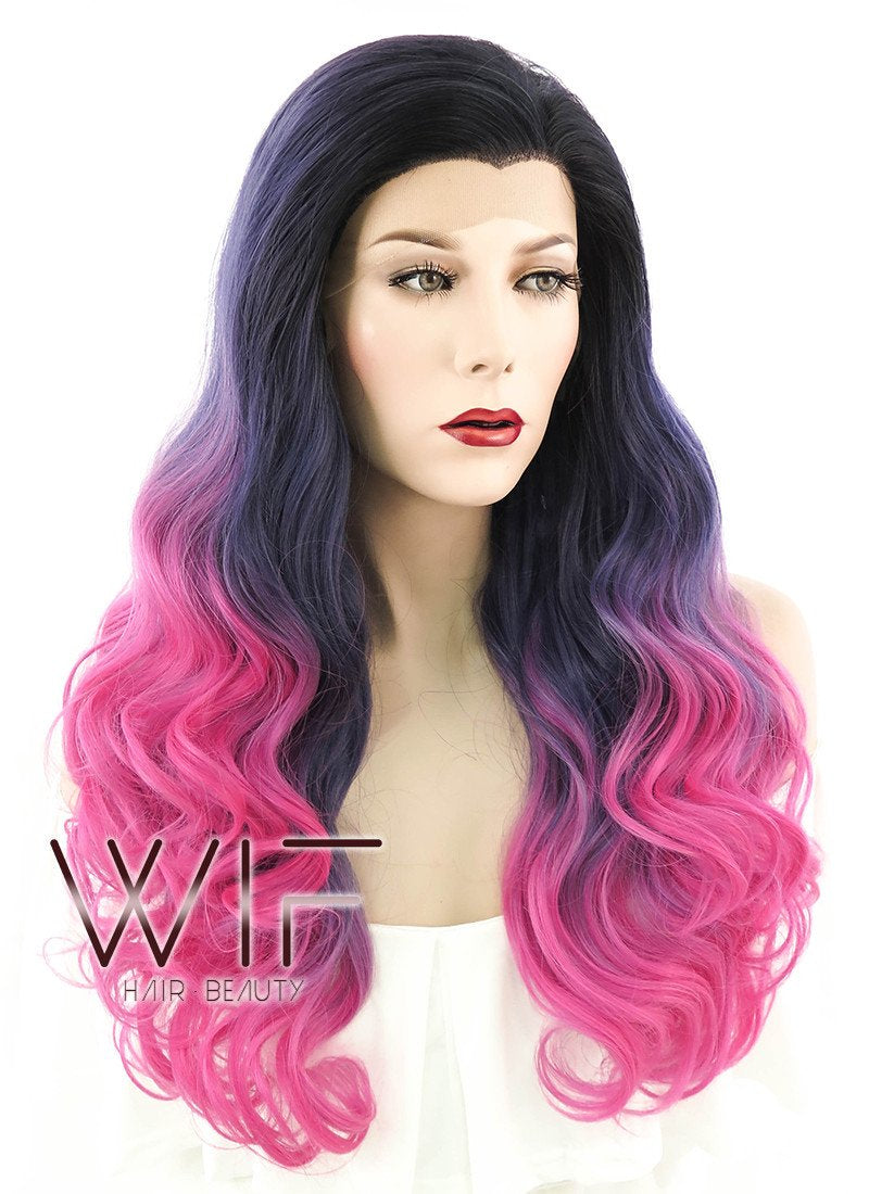 24" Long Curly Black Purple Pink Mixed Ombre Lace Front Synthetic Hair Wig LF415