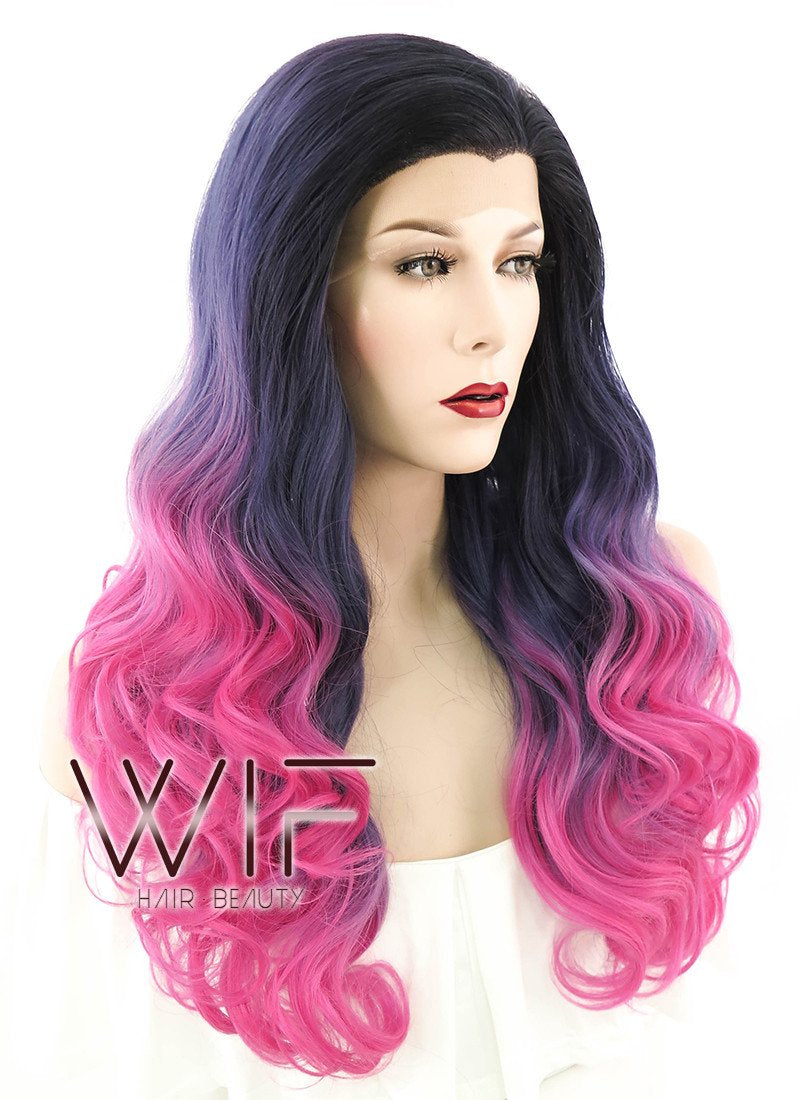 24" Long Curly Black Purple Pink Mixed Ombre Lace Front Synthetic Hair Wig LF415