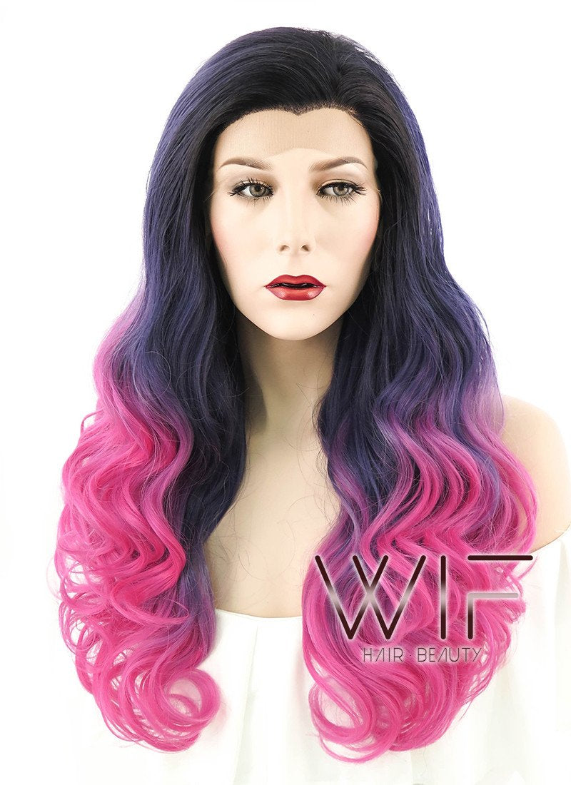 24" Long Curly Black Purple Pink Mixed Ombre Lace Front Synthetic Hair Wig LF415