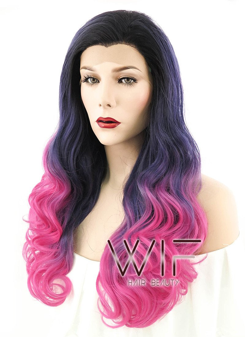 24" Long Curly Black Purple Pink Mixed Ombre Lace Front Synthetic Hair Wig LF415