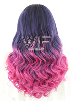 24" Long Curly Black Purple Pink Mixed Ombre Lace Front Synthetic Hair Wig LF415
