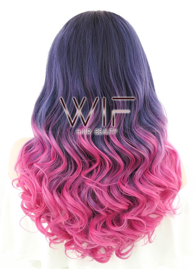 24" Long Curly Black Purple Pink Mixed Ombre Lace Front Synthetic Hair Wig LF415