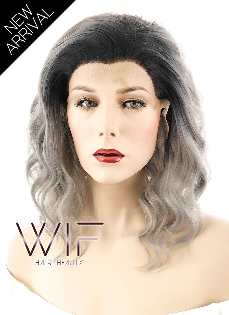 14" Medium Curly Ash Blonde with Dark Roots Lace Front Synthetic Hair Wig LF416