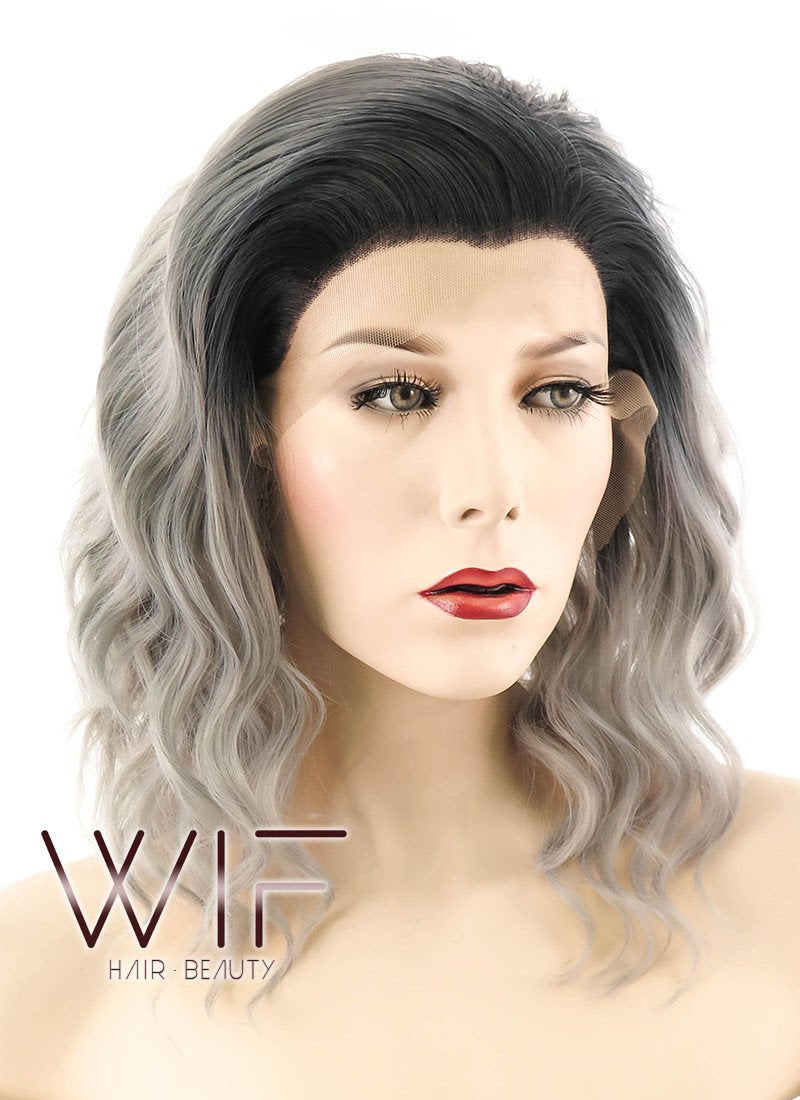 14" Medium Curly Ash Blonde with Dark Roots Lace Front Synthetic Hair Wig LF416