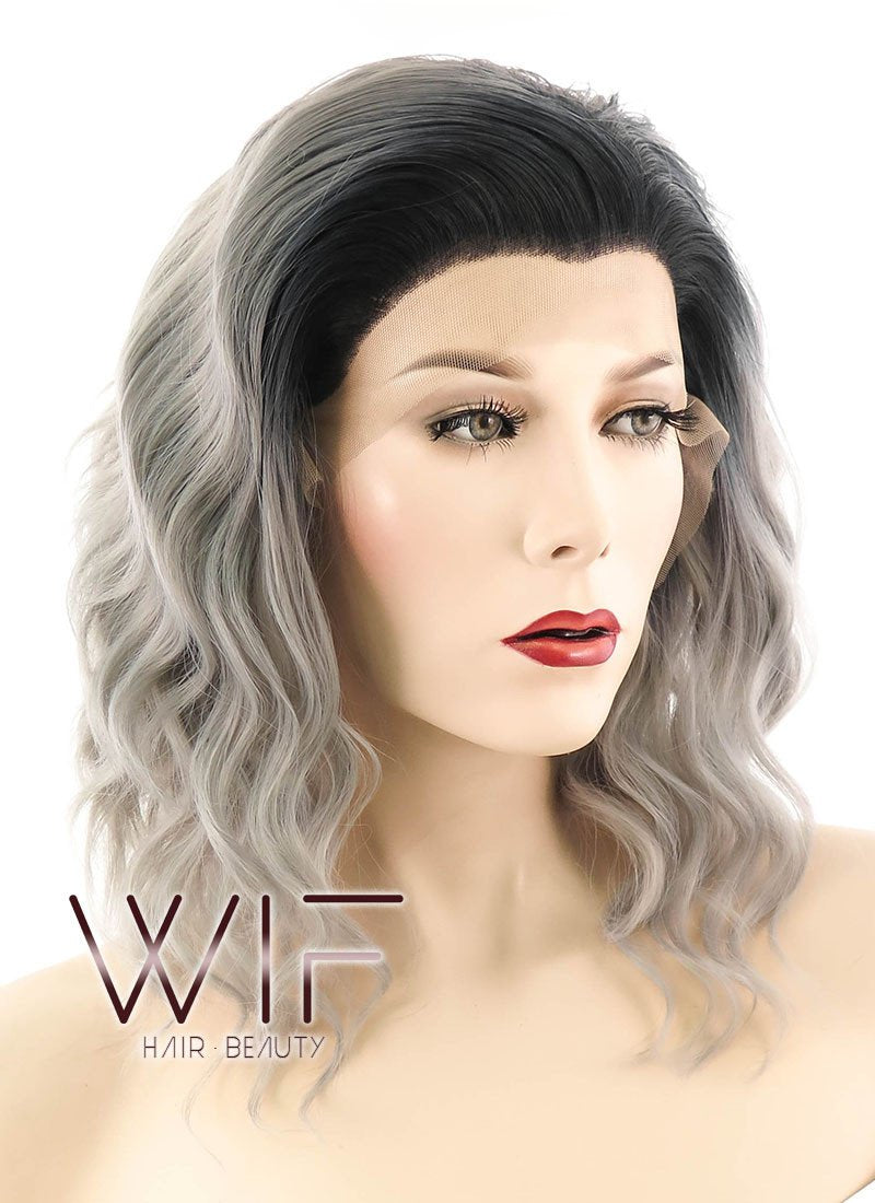 14" Medium Curly Ash Blonde with Dark Roots Lace Front Synthetic Hair Wig LF416