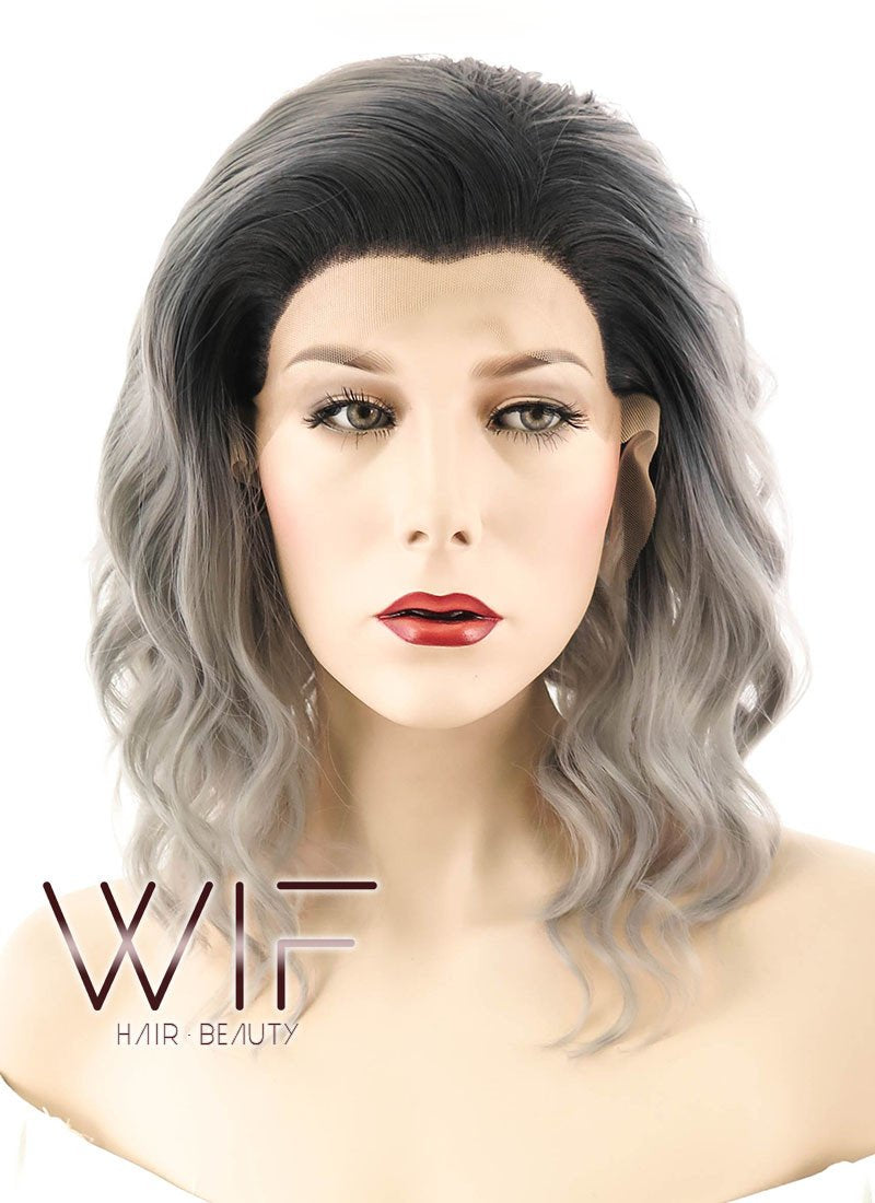 14" Medium Curly Ash Blonde with Dark Roots Lace Front Synthetic Hair Wig LF416
