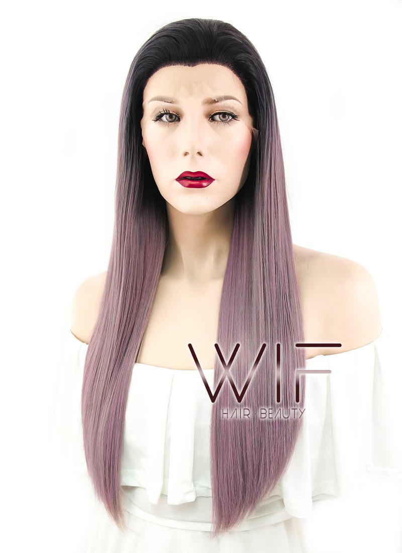 24" Straight Ash Purple With Dark Roots Lace Front Synthetic Wig LF425