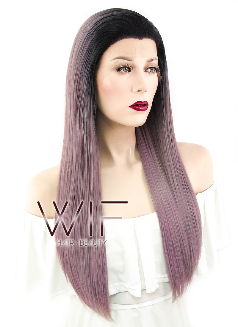 24" Straight Ash Purple With Dark Roots Lace Front Synthetic Wig LF425