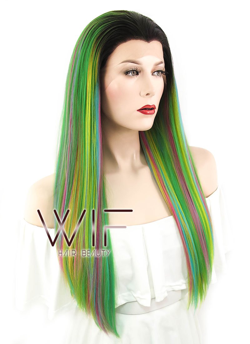 24" Straight Multi-Color With Dark Roots Lace Front Synthetic Wig LF426
