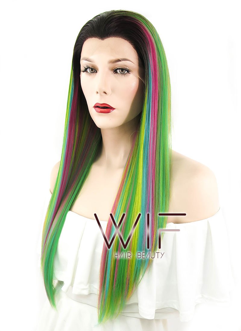 24" Straight Multi-Color With Dark Roots Lace Front Synthetic Wig LF426