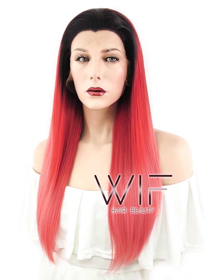24" Straight Two Tone Red With Dark Roots Lace Front Synthetic Wig LF427