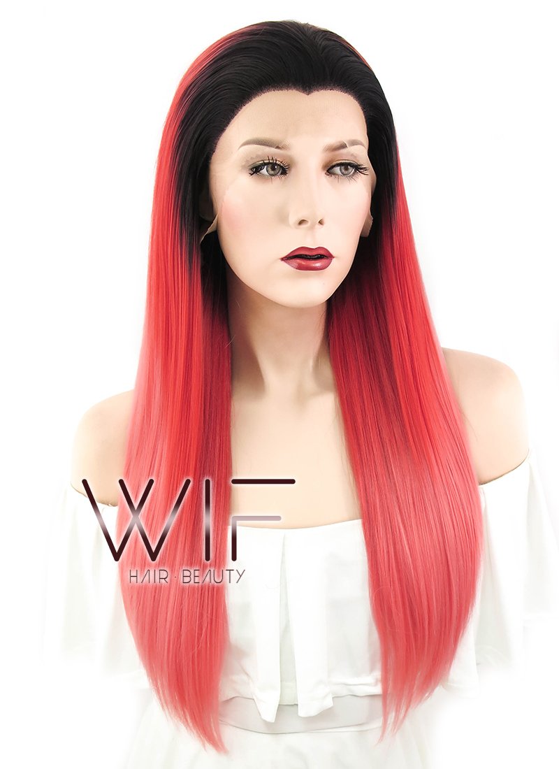24" Straight Two Tone Red With Dark Roots Lace Front Synthetic Wig LF427