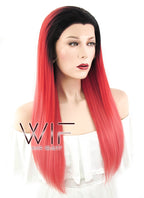 24" Straight Two Tone Red With Dark Roots Lace Front Synthetic Wig LF427