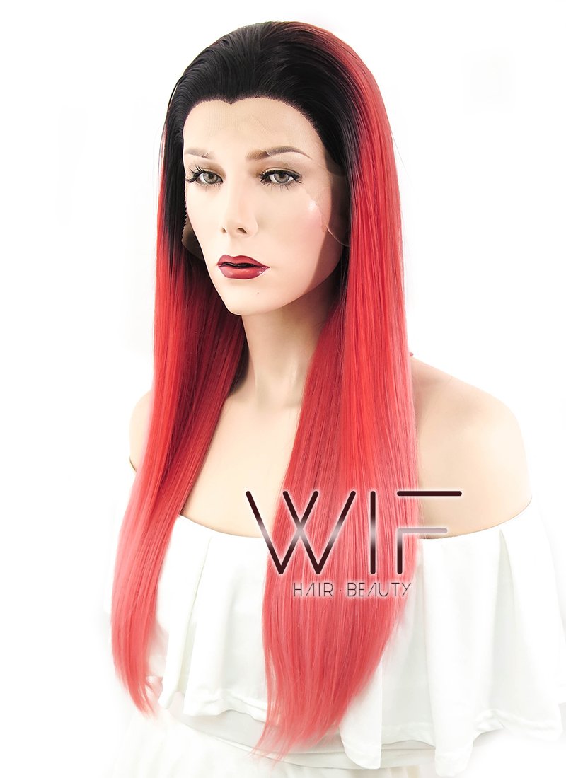 24" Straight Two Tone Red With Dark Roots Lace Front Synthetic Wig LF427