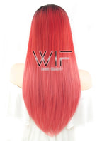 24" Straight Two Tone Red With Dark Roots Lace Front Synthetic Wig LF427
