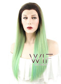 24" Straight Green Blue With Dark Roots Lace Front Synthetic Wig LF428