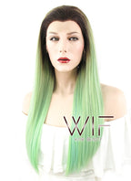 24" Straight Green Blue With Dark Roots Lace Front Synthetic Wig LF428