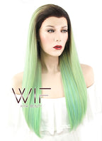 24" Straight Green Blue With Dark Roots Lace Front Synthetic Wig LF428
