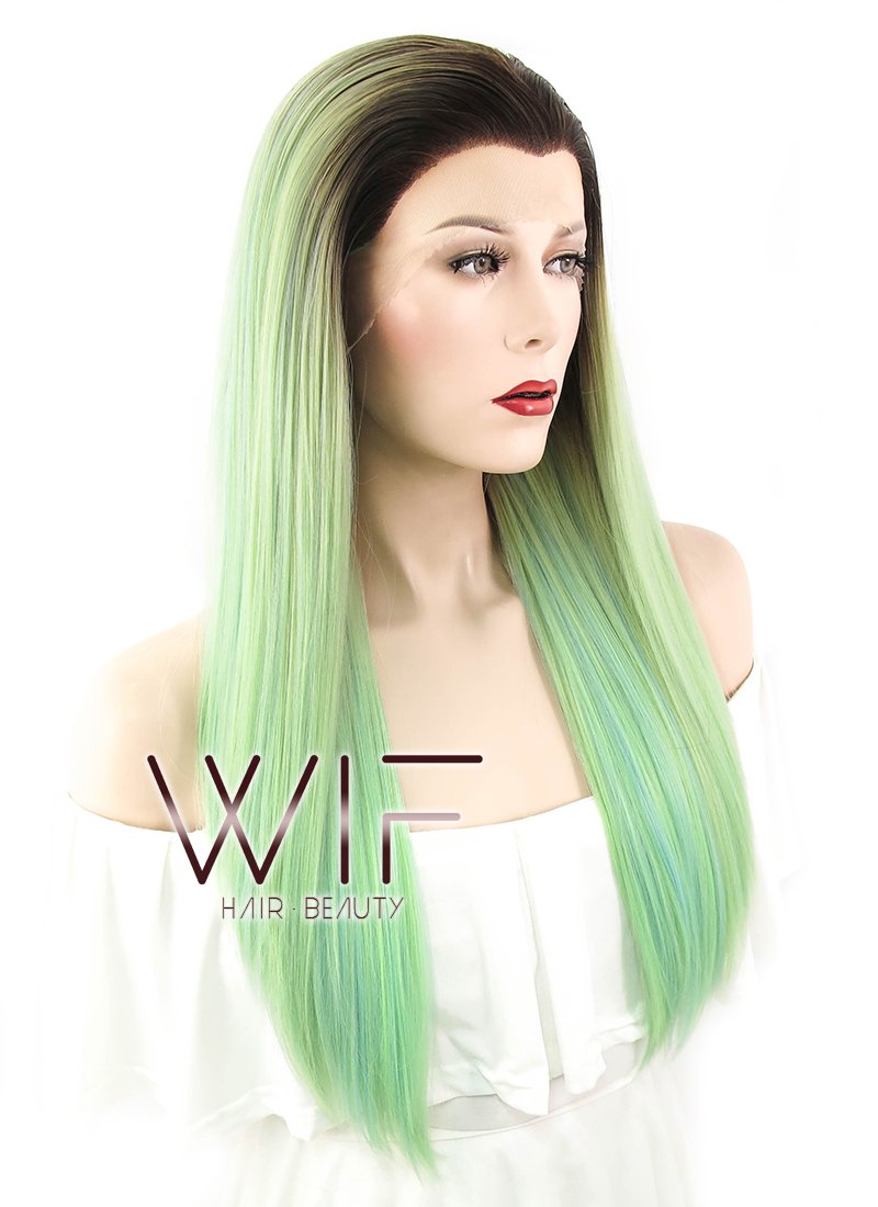 24" Straight Green Blue With Dark Roots Lace Front Synthetic Wig LF428