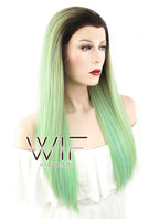 24" Straight Green Blue With Dark Roots Lace Front Synthetic Wig LF428
